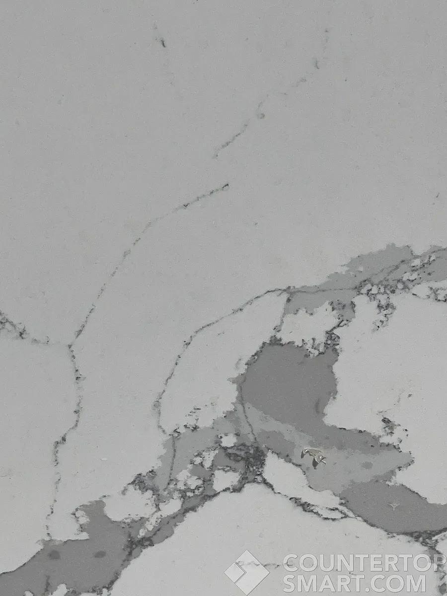 Closeup image of Compac Unique Statuario Quartz countertop slab