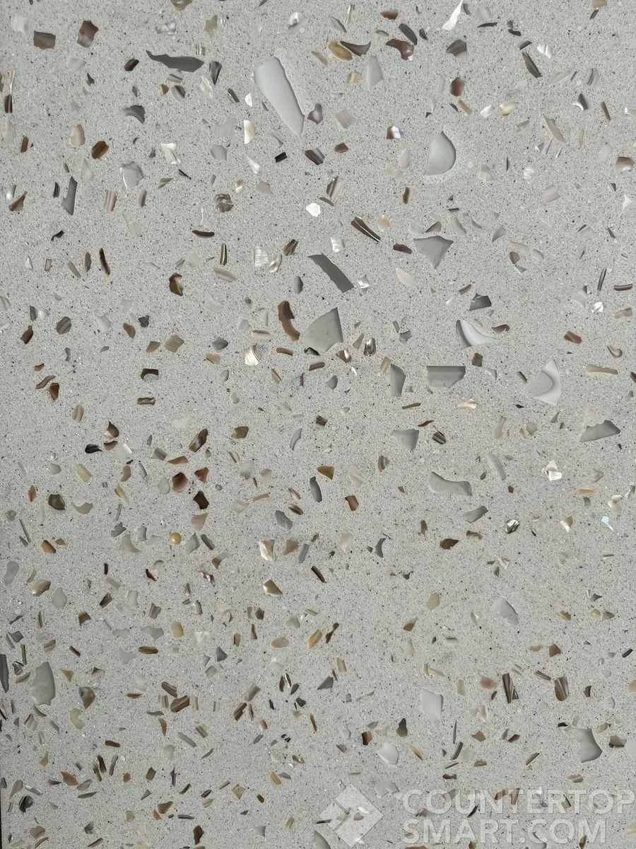 Closeup image of Playa Beige Glass Terrazzo countertop slab