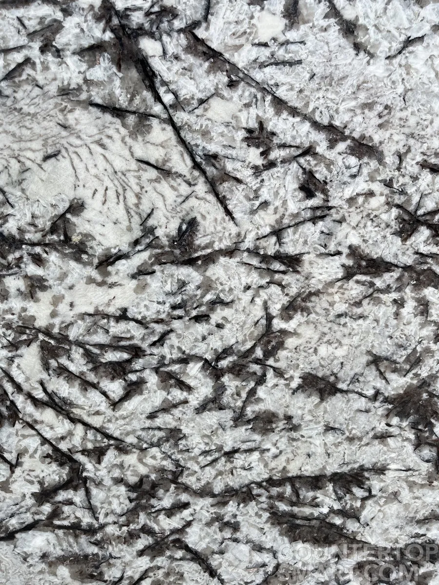 Closeup image of White Orion White Granite countertop slab