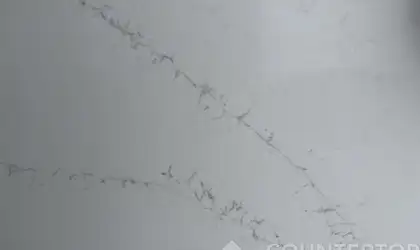 Closeup image of Q Quartz Calacatta Delios Quartz countertop slab
