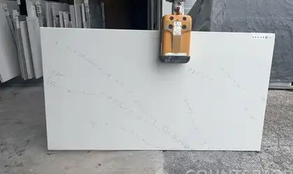 Full image of Q Quartz Calacatta Delios Quartz countertop slab