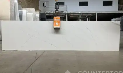 Full image of Q Quartz Calacatta Miraggio Quartz countertop slab