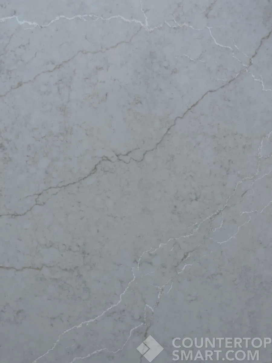 Closeup image of Q Quartz Calacatta Miraggio Cove White Quartz countertop slab