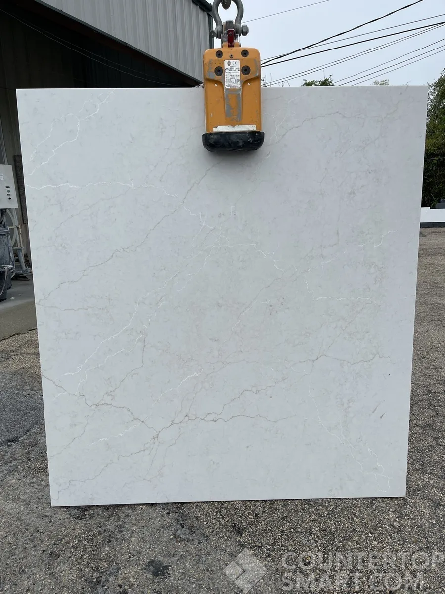 Full image of Q Quartz Calacatta Miraggio Cove White Quartz countertop slab