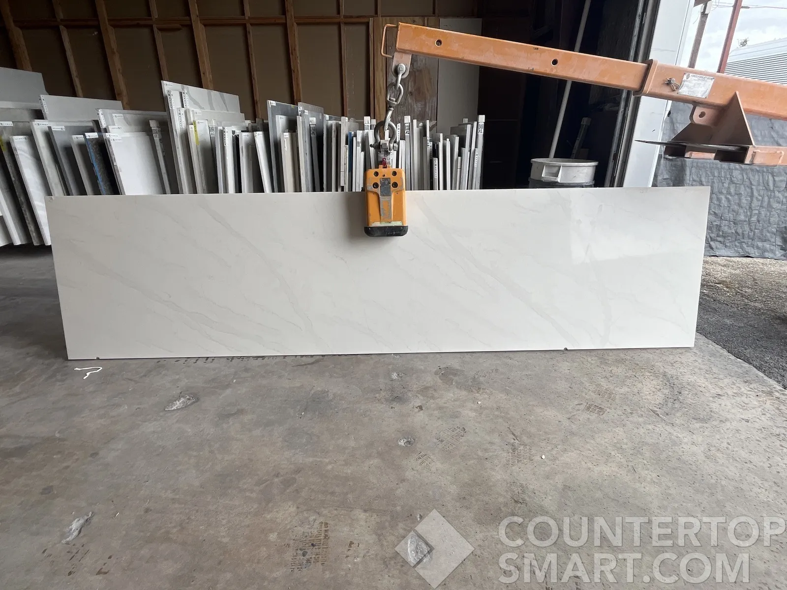 Full image of Vicostone Calacatta Caldia White Quartz countertop slab