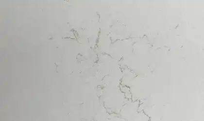 Closeup image of Daltile Freedom Calacatta Quartz countertop slab