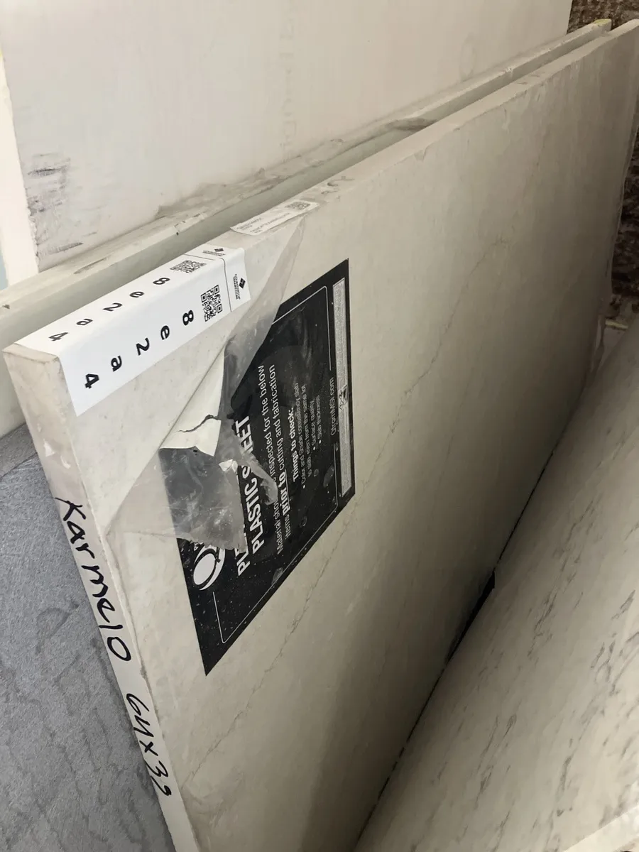 Full image of Q Quartz Calacatta Karmelo Quartz countertop slab