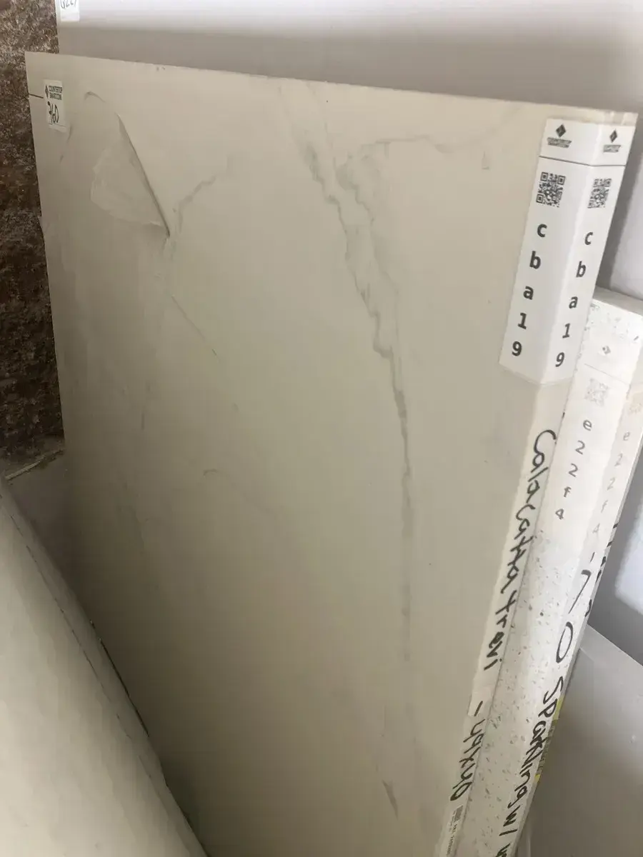 Full image of Q Quartz Calacatta Trevi Quartz countertop slab