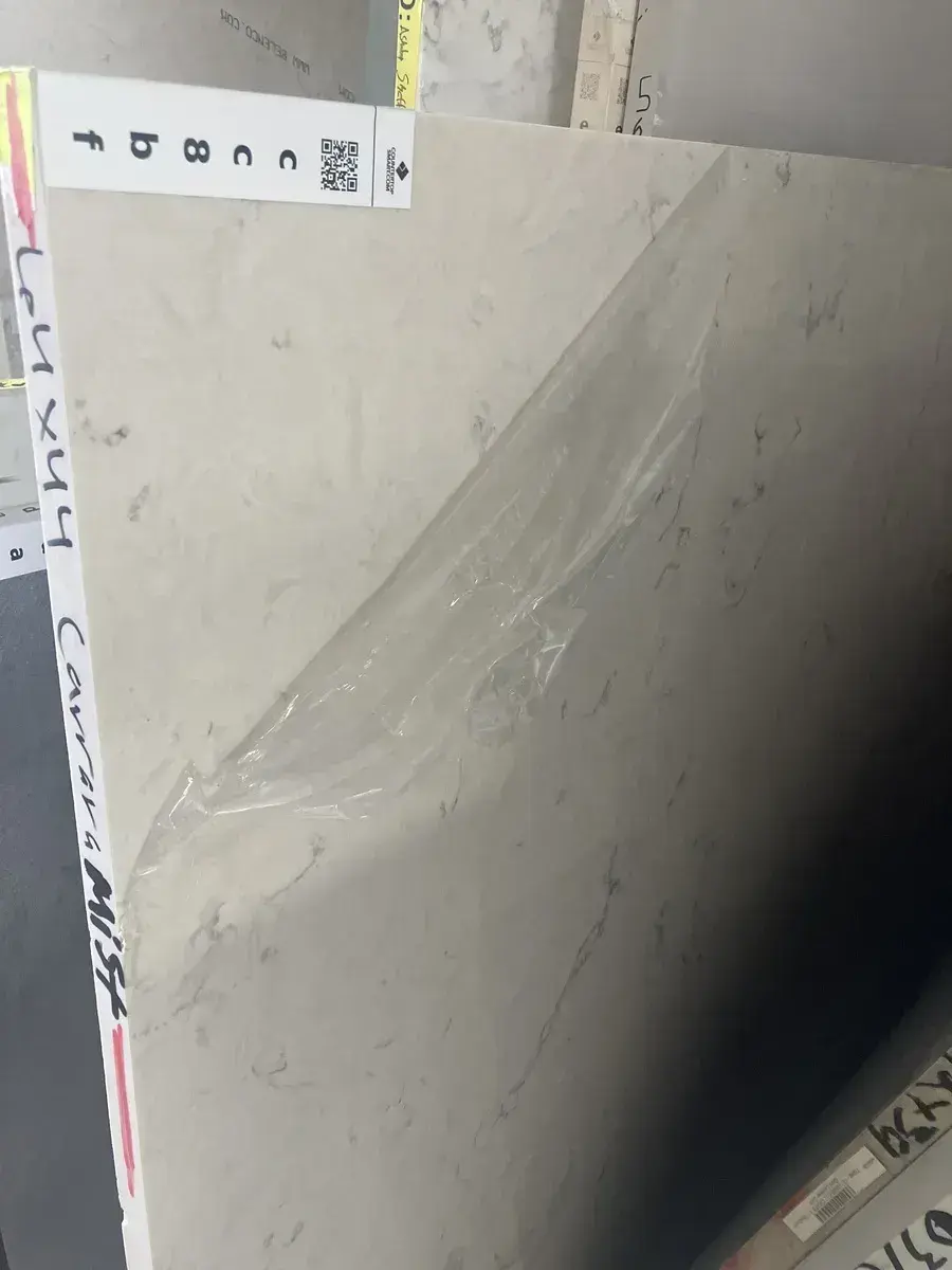 Full image of Q Quartz Carrara Mist Cream Quartz countertop slab