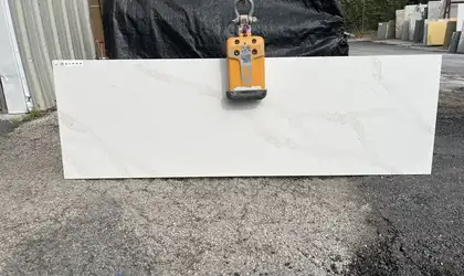 Full image of Stratus Quartz Calacatta Lumiere White Quartz countertop slab