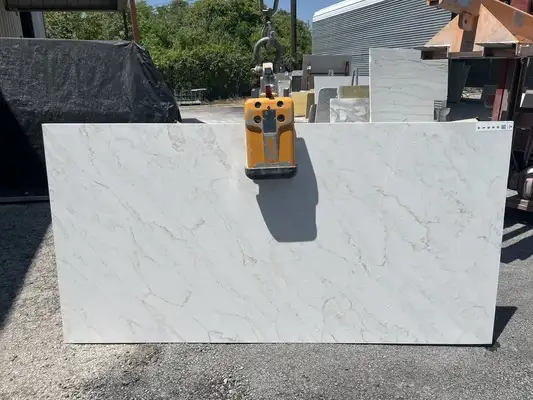 Full image of Q Quartz Calacatta Premata White Quartz countertop slab