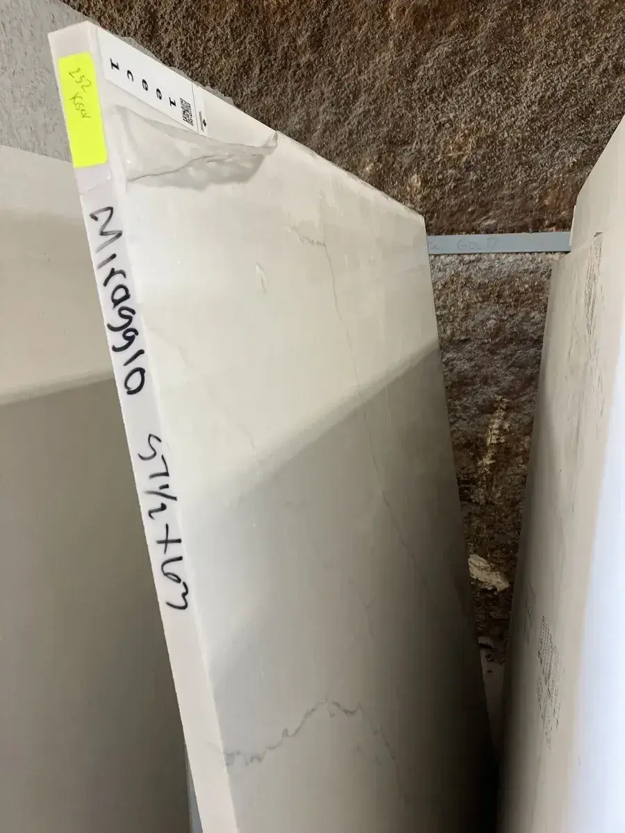 Full image of Q Quartz Calacatta Miraggio Quartz countertop slab