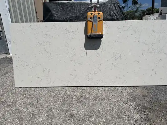 Full image of Q Quartz Carrara Mist Cream Quartz countertop slab