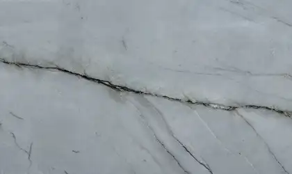 Closeup image of Calacatta Boheme White Quartzite countertop slab