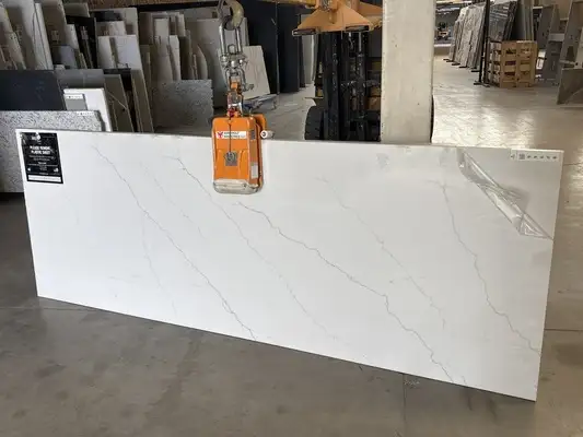 Full image of Q Quartz Calacatta Miraggio Quartz countertop slab