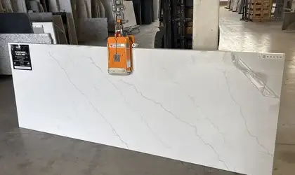 Full image of Q Quartz Calacatta Miraggio Quartz countertop slab