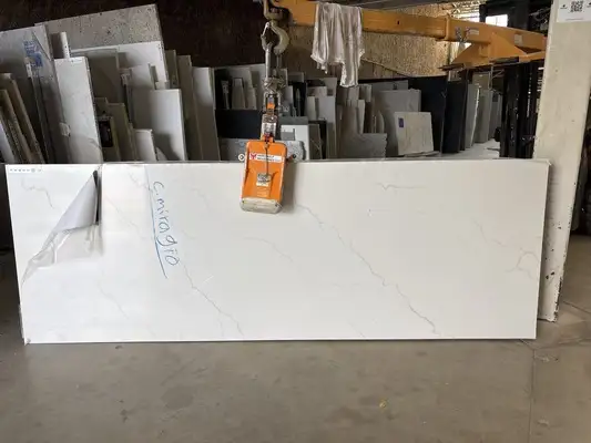 Full image of Q Quartz Calacatta Miraggio Quartz countertop slab