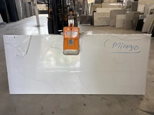 Full image of Q Quartz Calacatta Miraggio Quartz countertop slab