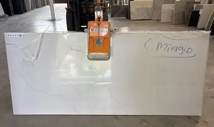 Full image of Q Quartz Calacatta Miraggio Quartz countertop slab