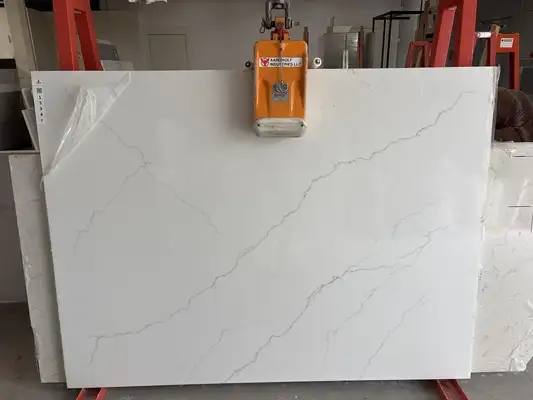 Full image of Q Quartz Calacatta Miraggio Quartz countertop slab