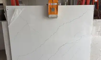 Full image of Q Quartz Calacatta Miraggio Quartz countertop slab