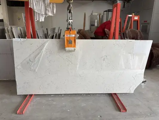Full image of Q Quartz Carrara Mist Cream Quartz countertop slab