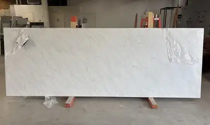 Full image of Q Quartz Calacatta Premata White Quartz countertop slab