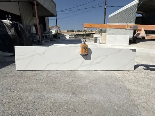 Full image of Stratus Quartz Calacatta Lumiere White Quartz countertop slab