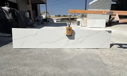 Full image of Stratus Quartz Calacatta Lumiere White Quartz countertop slab