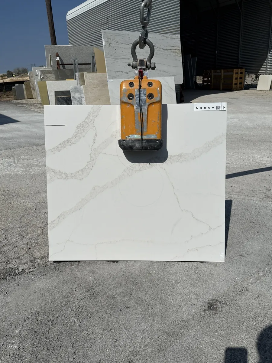 Full image of Stratus Quartz Calacatta Lumiere White Quartz countertop slab