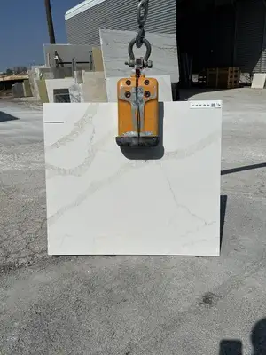 Full image of Stratus Quartz Calacatta Lumiere White Quartz countertop slab