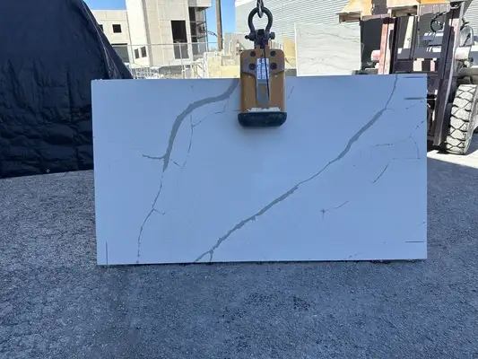 Full image of Q Quartz Calacatta Laza Quartz countertop slab