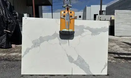 Full image of Stratus Quartz Calacatta Capri White Quartz countertop slab