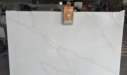 Full image of Q Quartz Calacatta Elysio White Quartz countertop slab