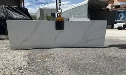 Full image of Q Quartz Calacatta Vernello White Quartz countertop slab