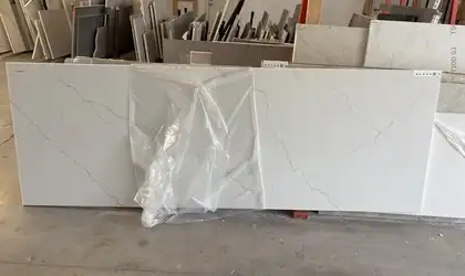 Full image of Q Quartz Calacatta Miraggio Quartz countertop slab