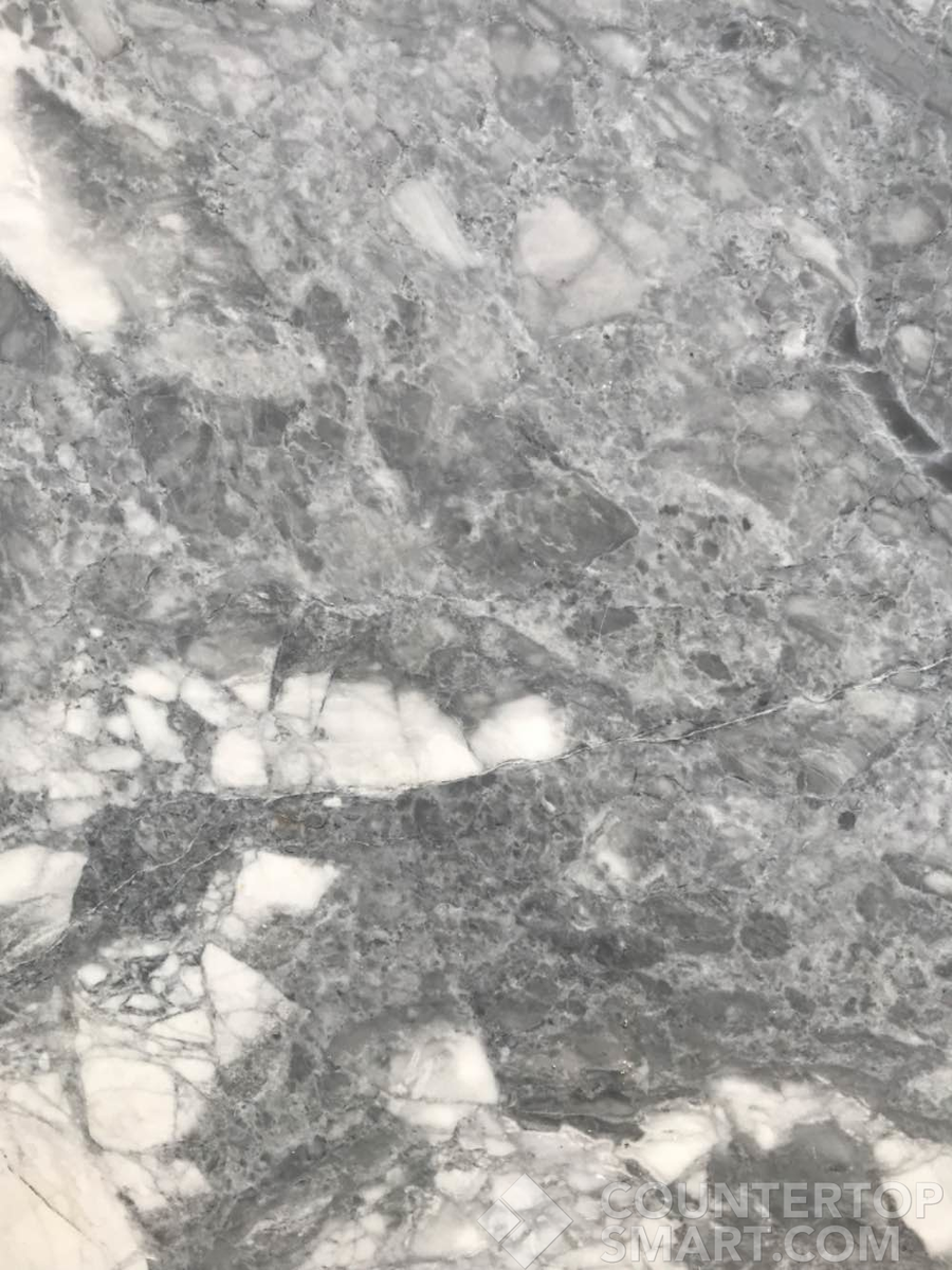 Closeup image of Grey Goose Marble countertop slab