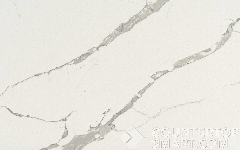 Closeup image of Prestige Stone Calacatta Andromeda Quartz countertop slab