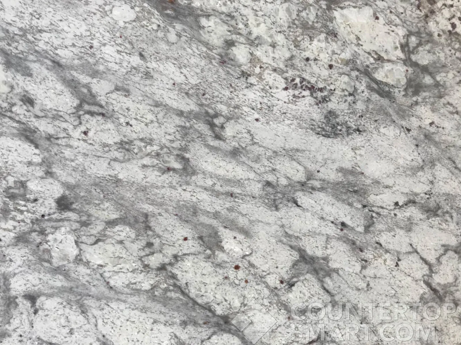 Closeup image of Thunder White Granite countertop slab