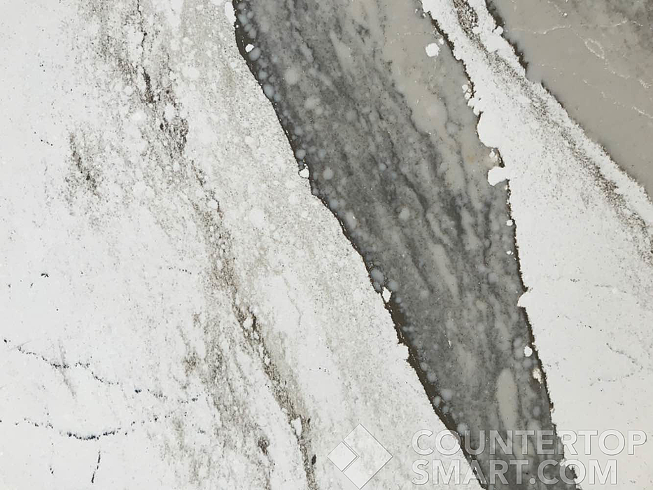 Closeup image of Cambria Skara Brae White Quartz countertop slab