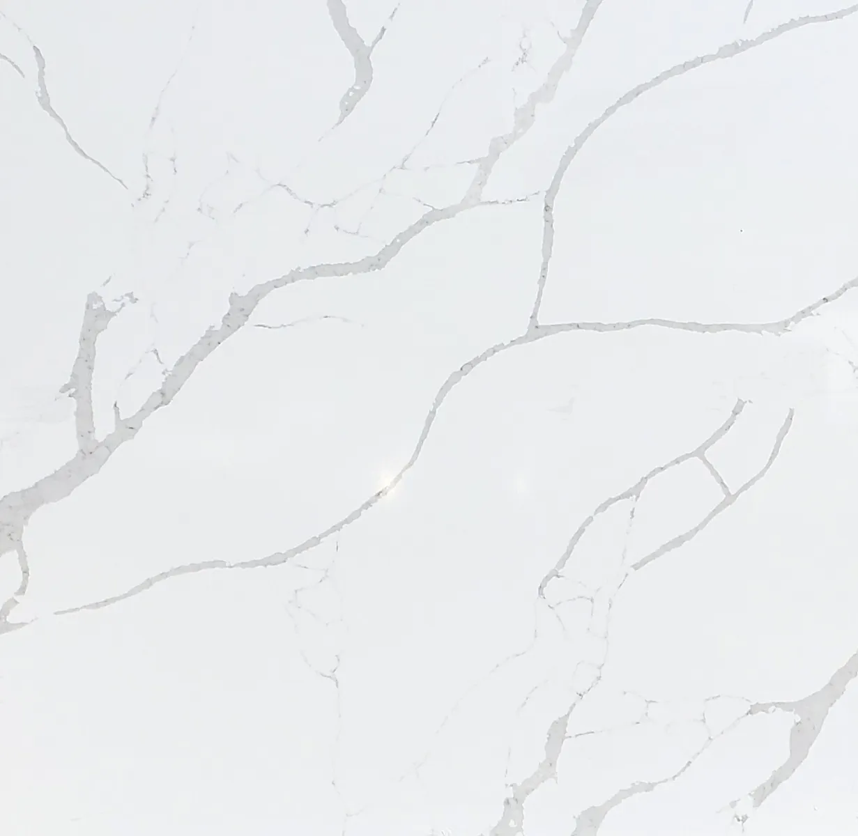 Closeup image of Opal Quartz Calacatta Melody White Quartz countertop slab