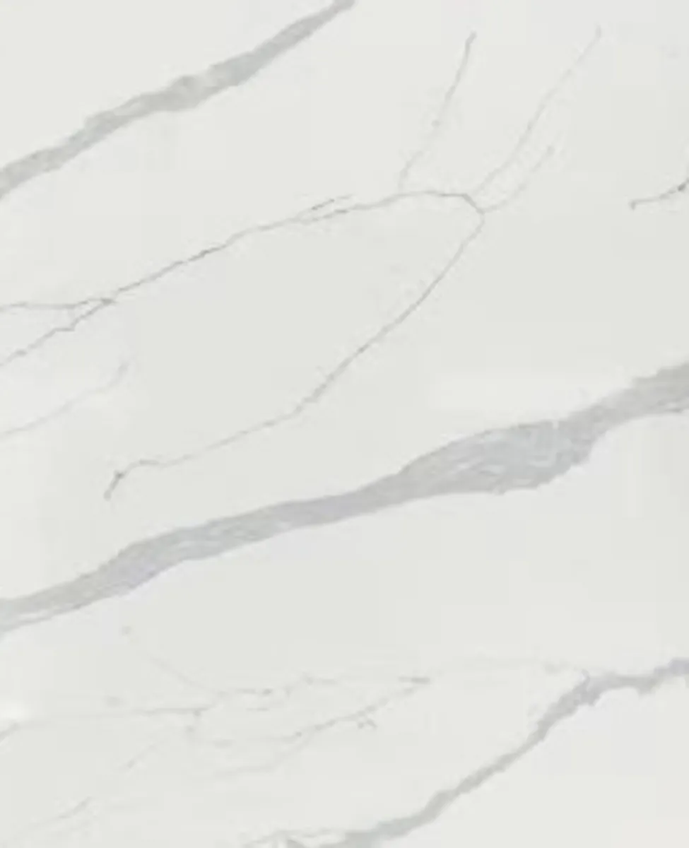 Closeup image of Opal Quartz Calacatta Supreme White Quartz countertop slab