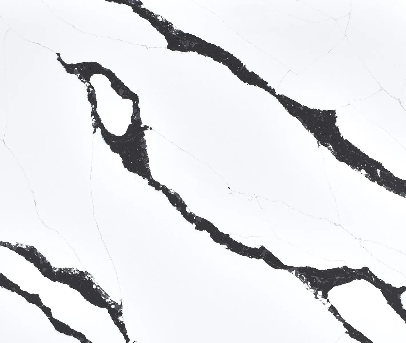 Closeup image of Opal Quartz Calacatta Unique Black White Quartz countertop slab