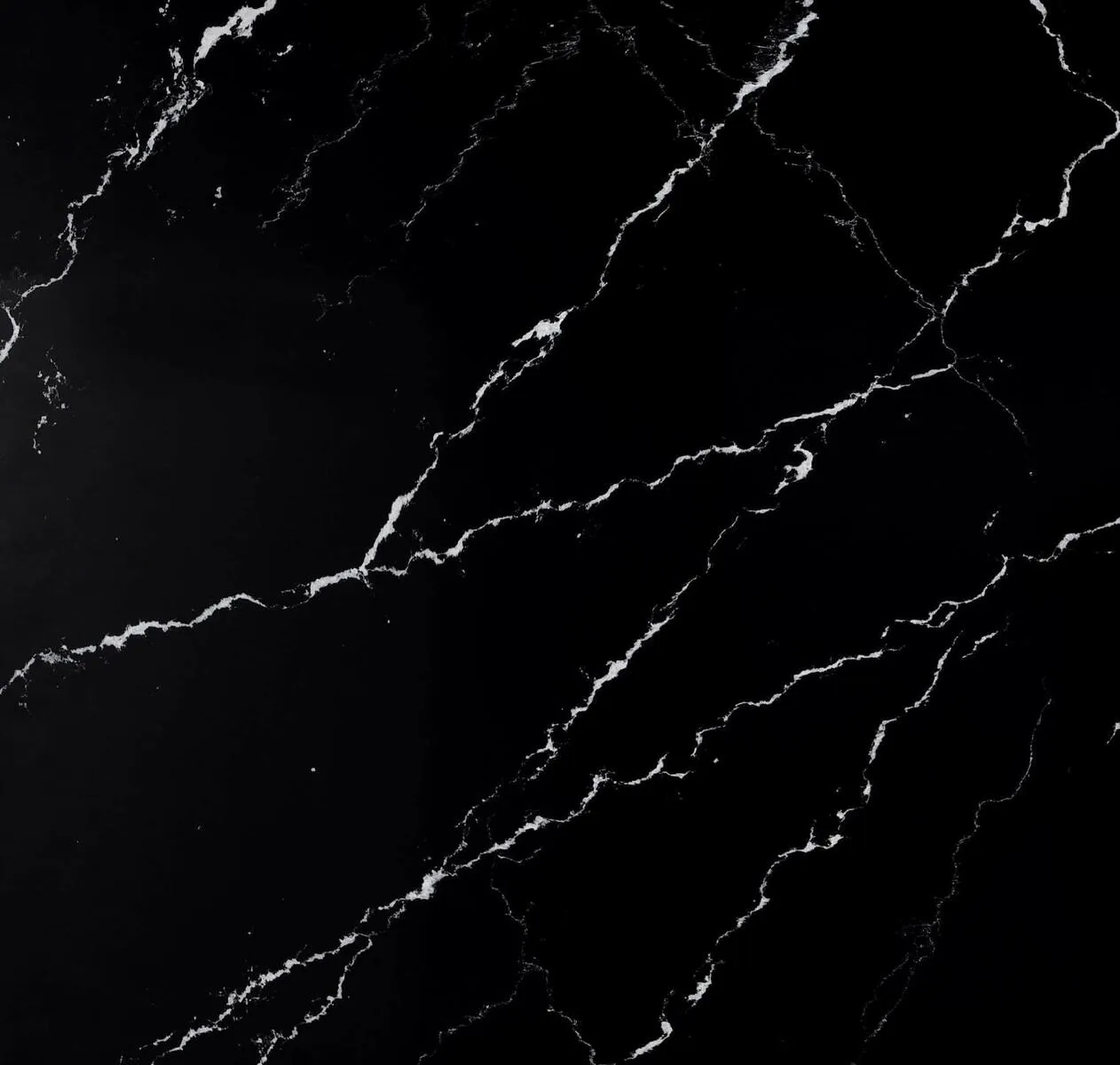 Closeup image of Opal Quartz Nero Marquina Black Quartz countertop slab