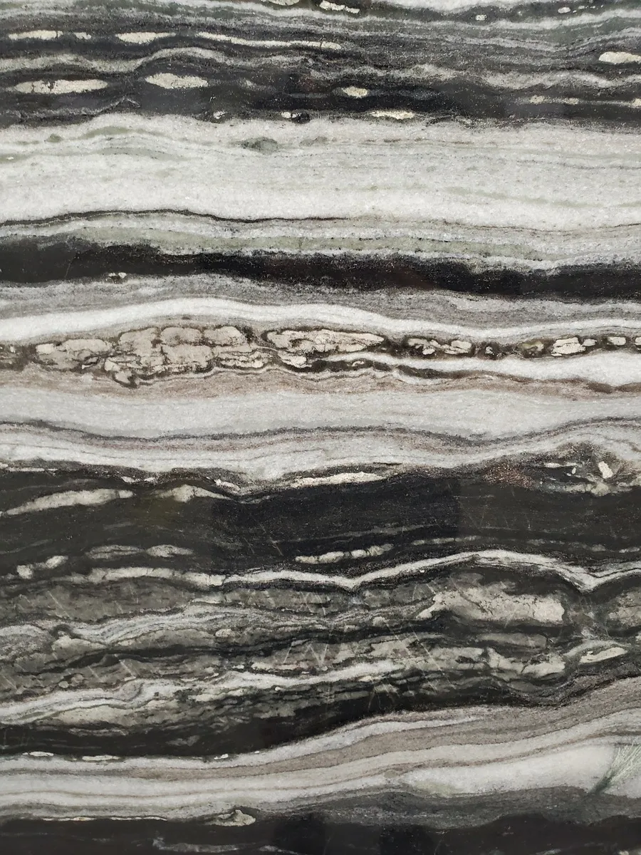 Closeup image of Panda White Grey Marble countertop slab
