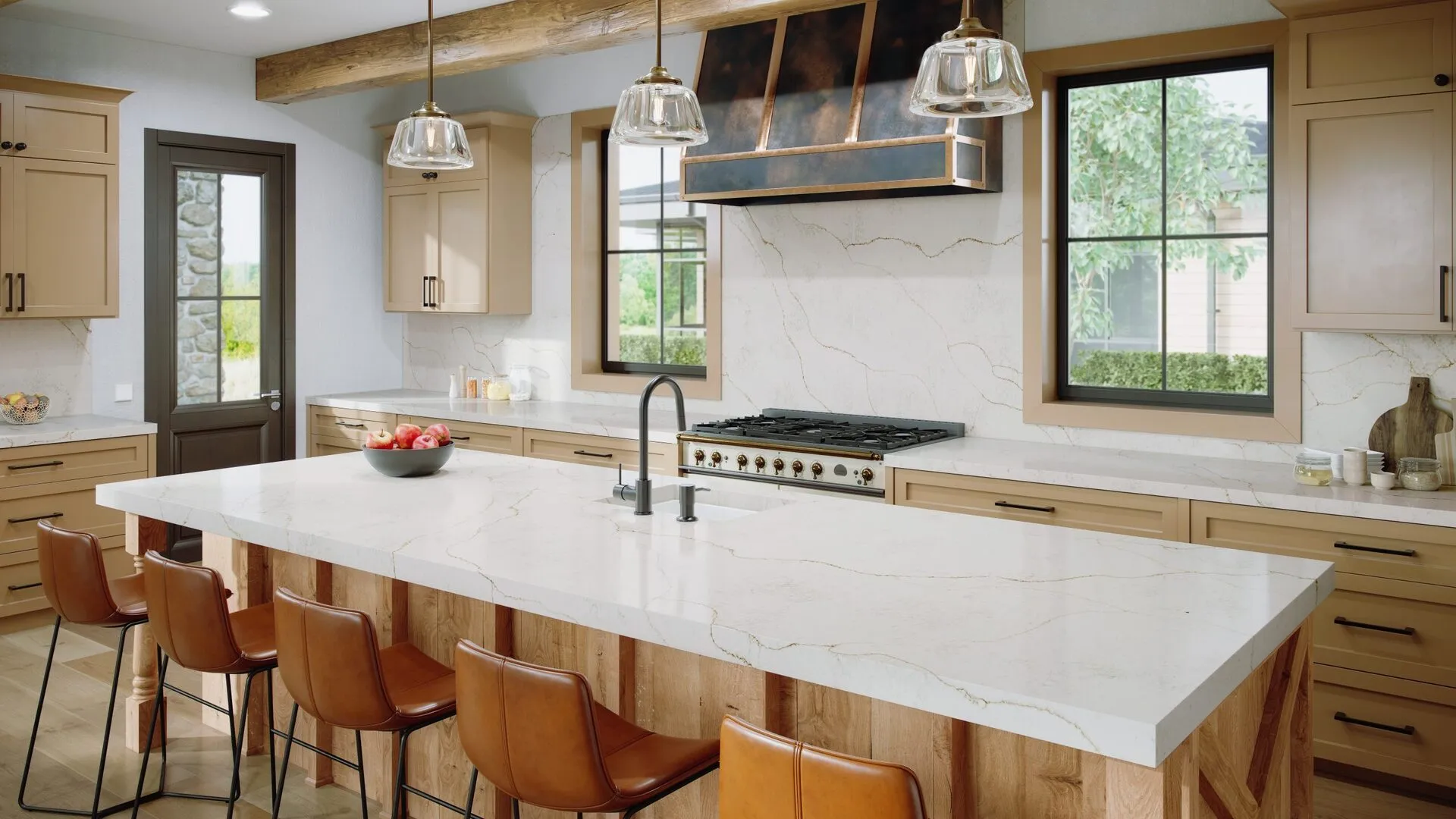 Image of installed Stratus Quartz Regal D&amp;#39;Oro White Quartz countertops