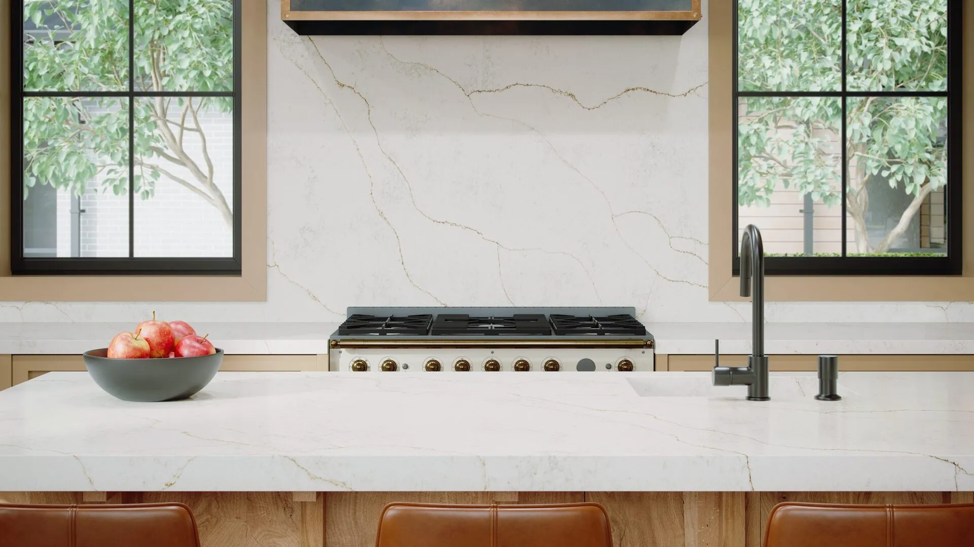 Image of installed Stratus Quartz Regal D&amp;#39;Oro White Quartz countertops