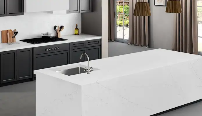 Image of installed Stratus Quartz Prime Acropolis White Quartz countertops