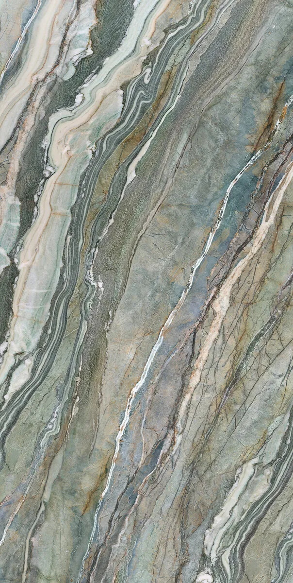 Closeup image of Infinity Royal Peacock Green Porcelain countertop slab