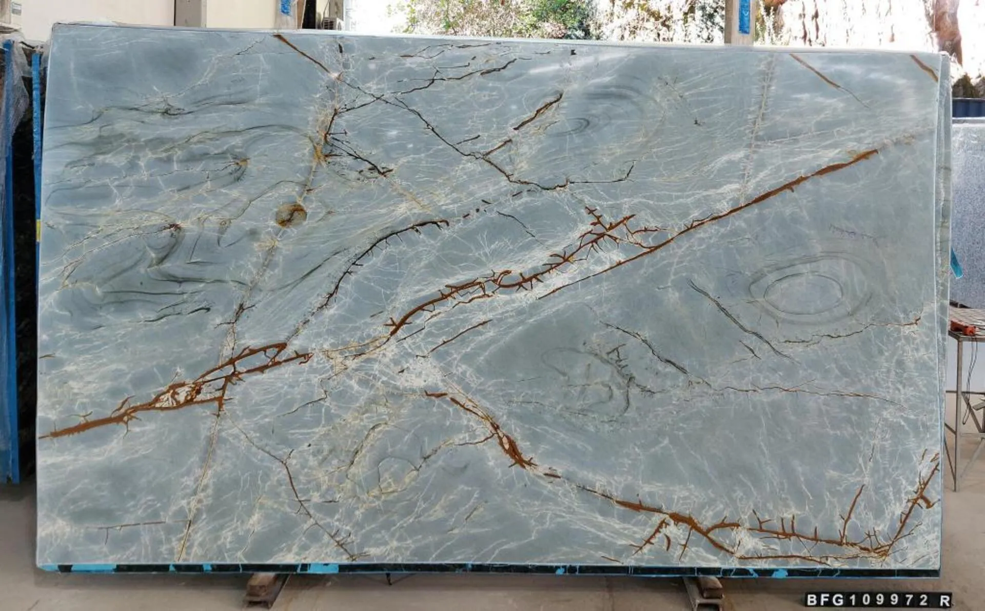 Closeup image of Blue Roma 1st Choice Blue Quartzite countertop slab